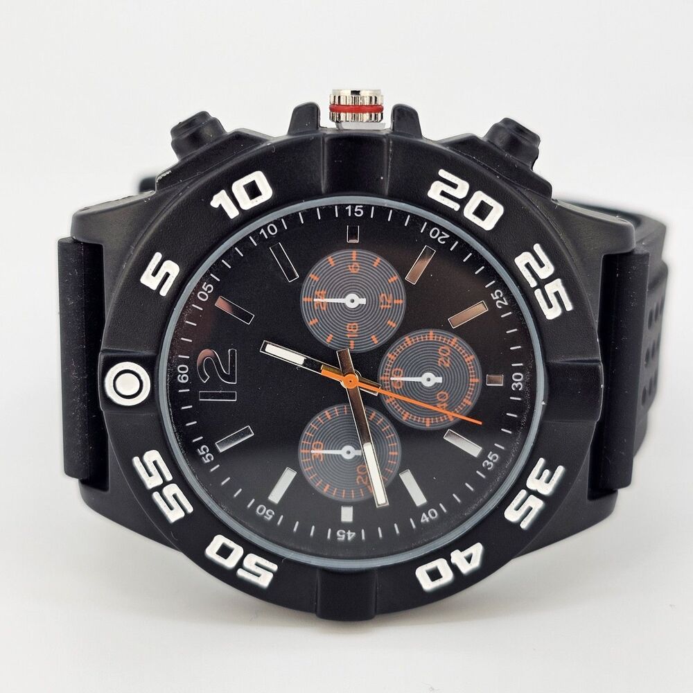 Men's Watch 50MM Black Dial Black Case Black Plastic Bands New Battery‎